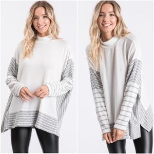 Cozy Striped Color Block Mock neck Poncho Sweater Top